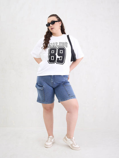 Ice Blue Denim Hem Pockets Bermuda Shorts-SASSAFRAS Curve