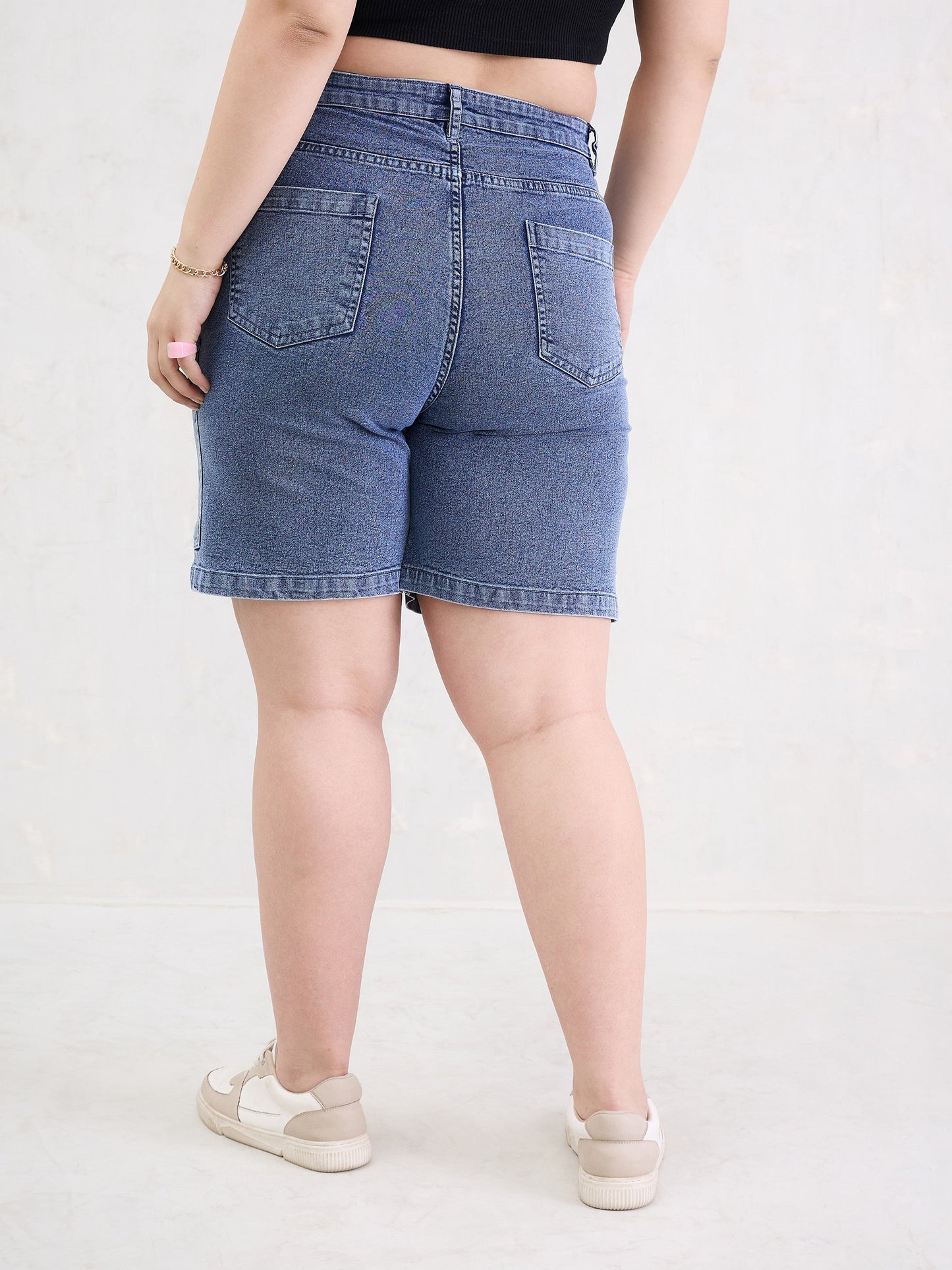 Ice Blue Denim Hem Pockets Bermuda Shorts-SASSAFRAS Curve
