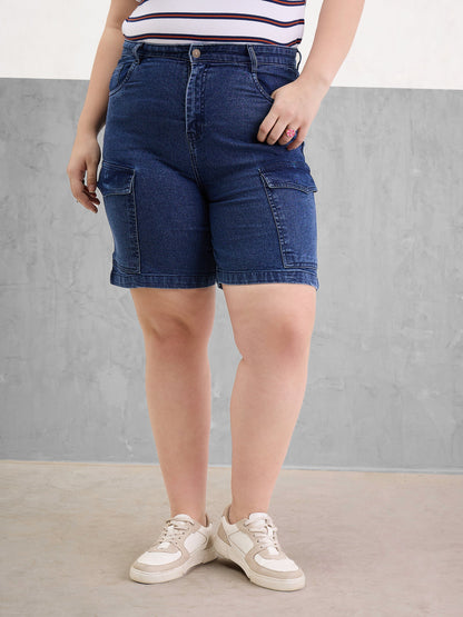 Navy Denim Hem Pockets Bermuda Shorts