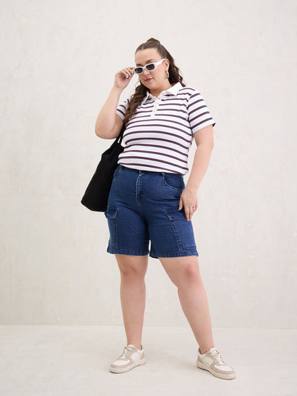Navy Denim Hem Pockets Bermuda Shorts