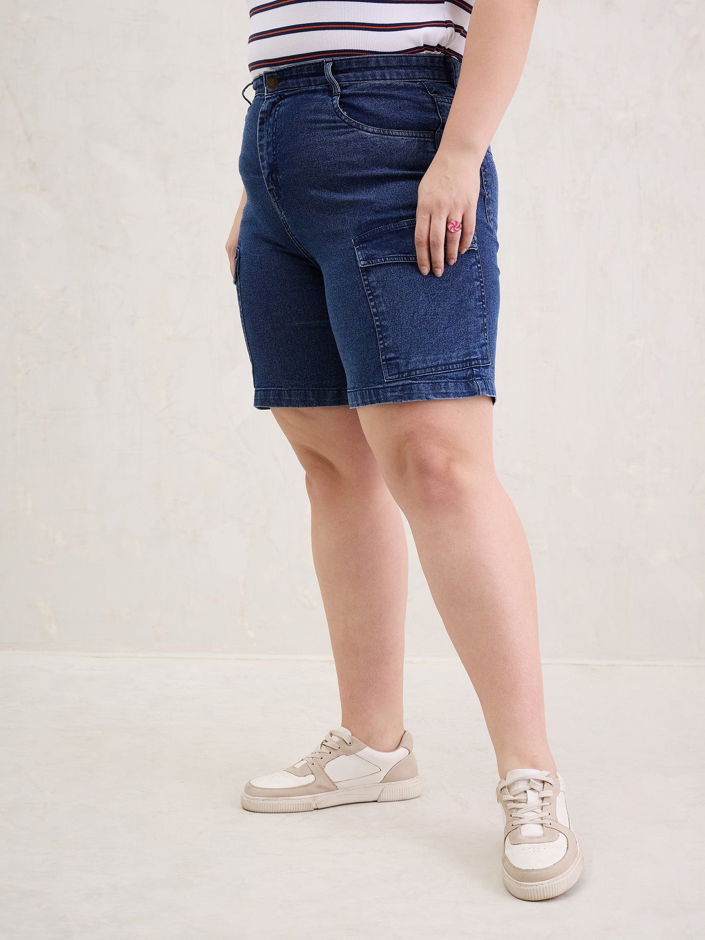 Navy Denim Hem Pockets Bermuda Shorts