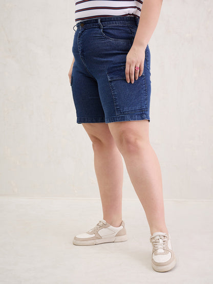 Navy Denim Hem Pockets Bermuda Shorts