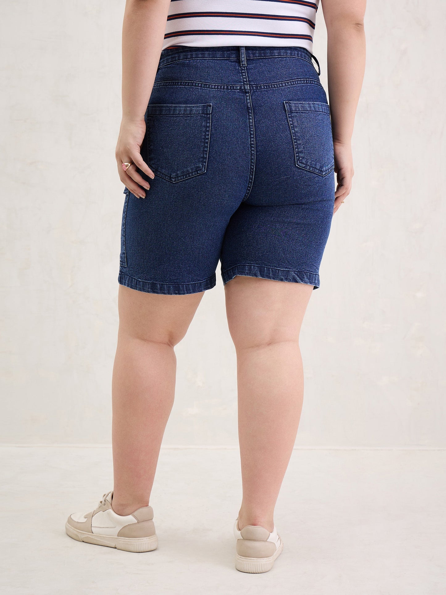Navy Denim Hem Pockets Bermuda Shorts