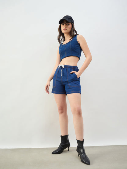 Blue Patch Pocket Drawstring Shorts