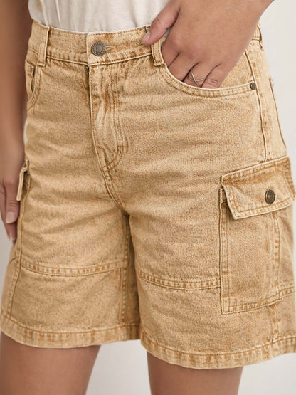 Beige Overdyed Mid Rise Bermuda Shorts