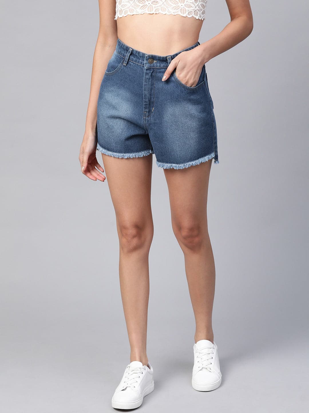 Women's Blue Bleach Wash Frayed Look Shorts in Cotton by Sassafras for wholesale, bulk, supplier, manufacturer and wholesaler buyers from Trendphoria
