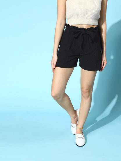 Women Black Paper Bag Waist Belted Shorts