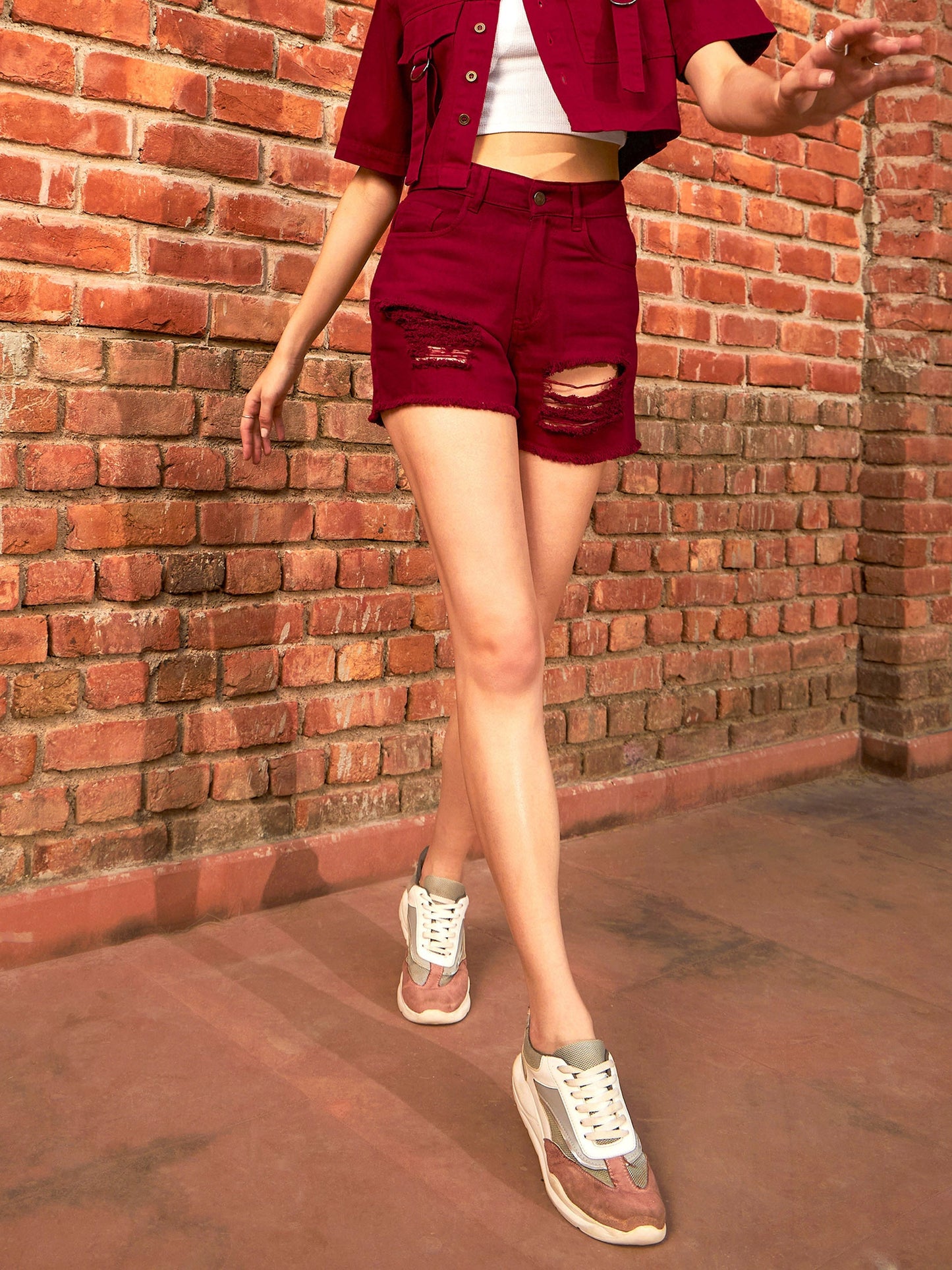 Maroon Denim Heavy Distress Shorts