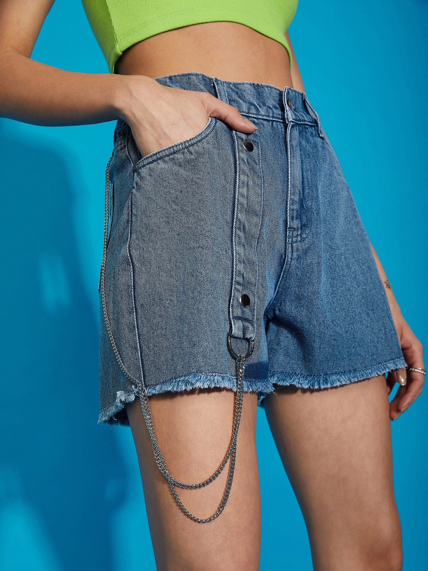 Women Blue Denim Wash Chain Detail Shorts