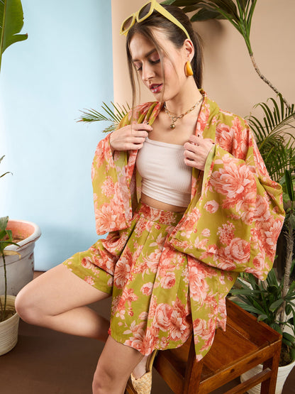 Green Floral Pleated Shorts