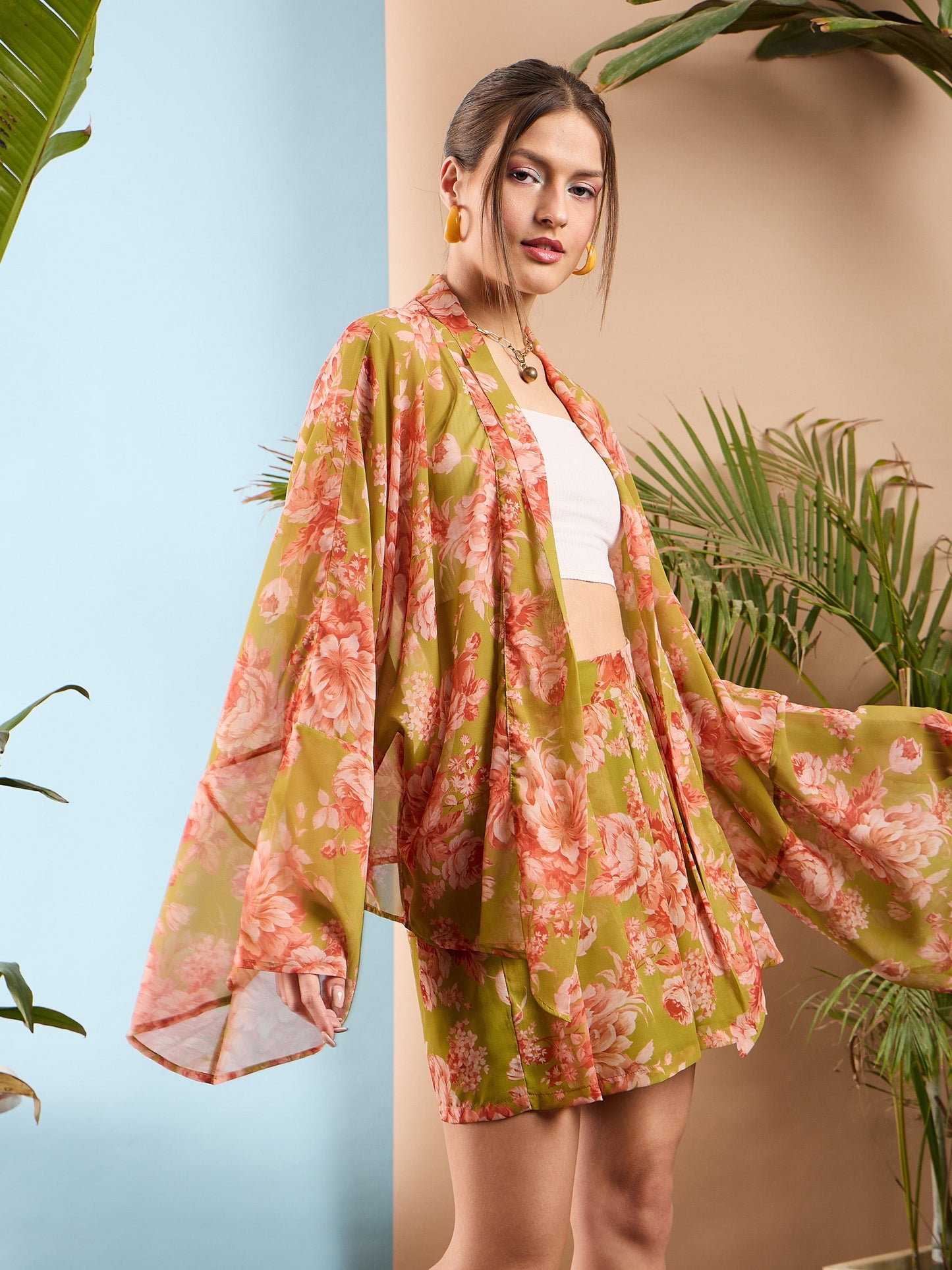 Green Floral Pleated Shorts
