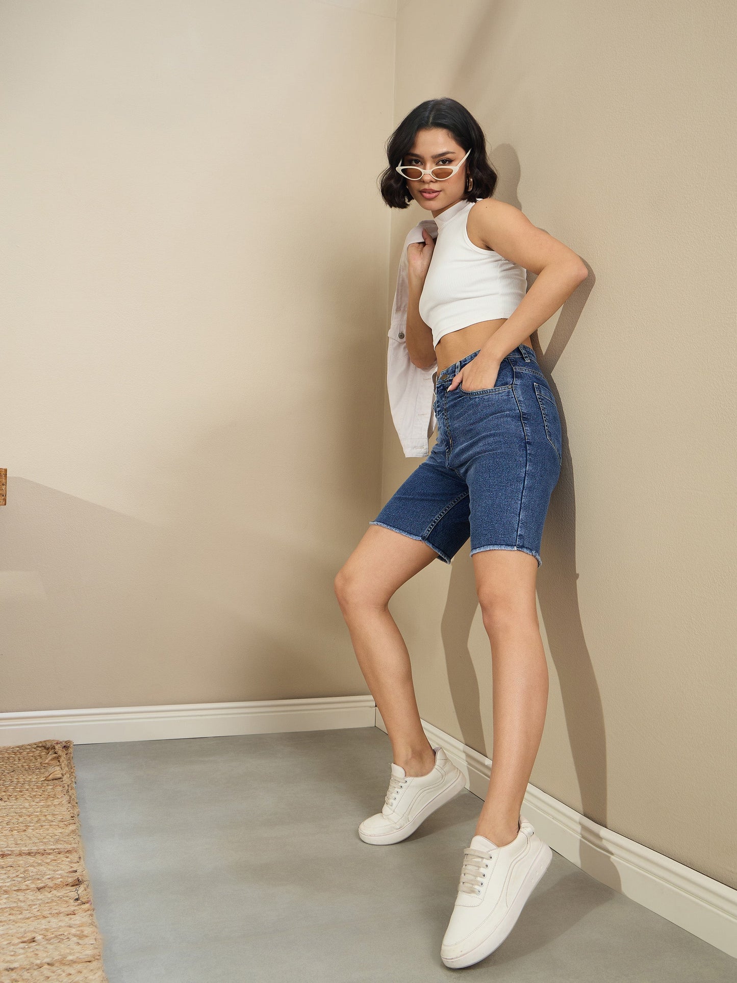 Blue High Waist Bermuda Shorts
