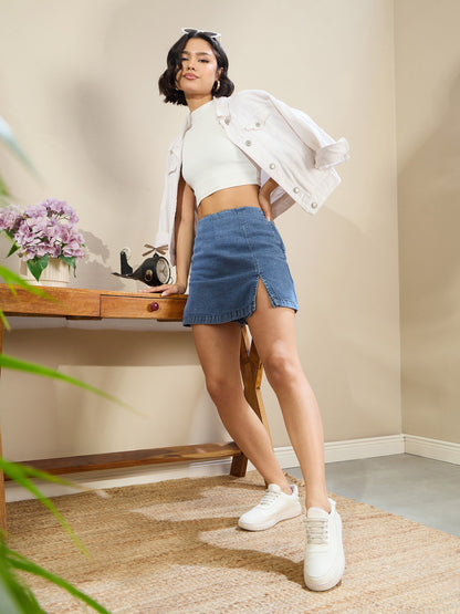 Women Navy Denim Side Slit Skorts