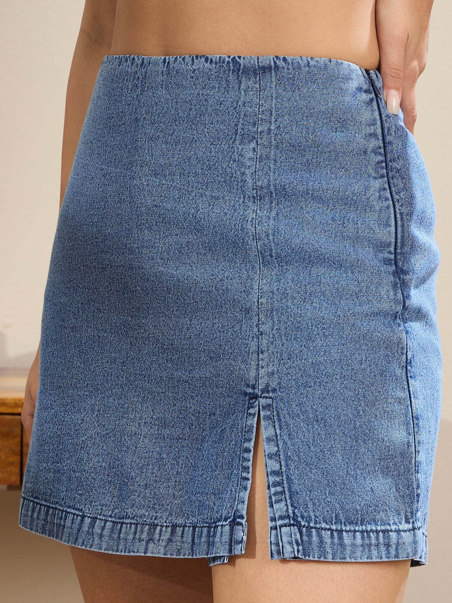 Women Navy Denim Side Slit Skorts