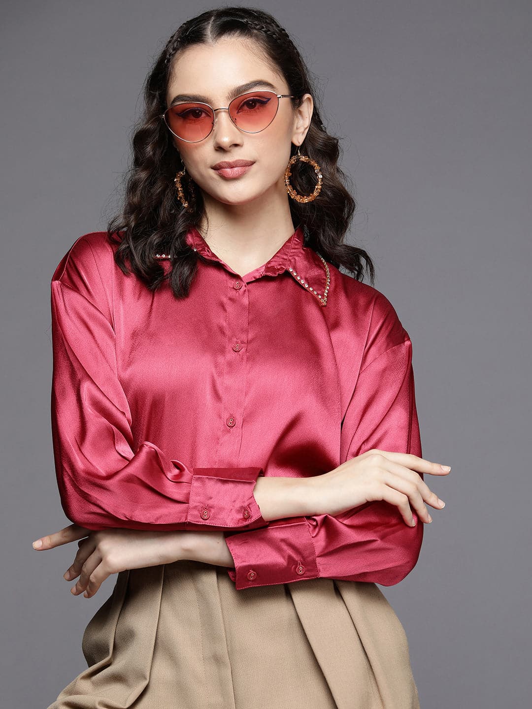 Women's Women Pink Satin Longline Shirt in Satin by Sassafras for wholesale, bulk, supplier, manufacturer and wholesaler buyers from Trendphoria
