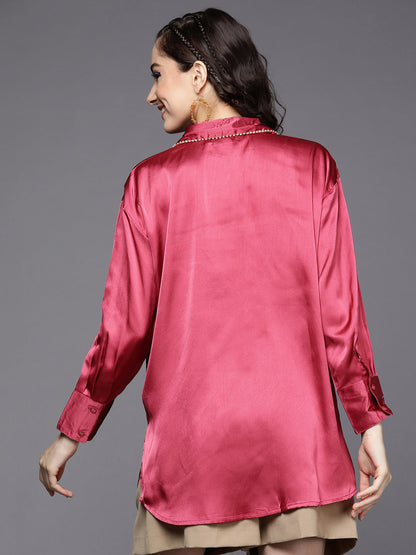 Women Pink Satin Longline Shirt