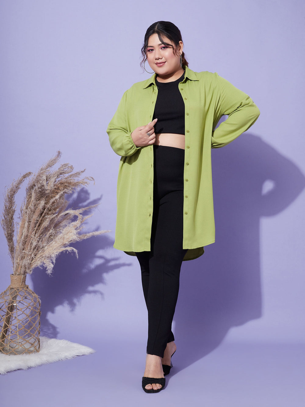 Women Green Longline Shirt-SASSAFRAS Curve