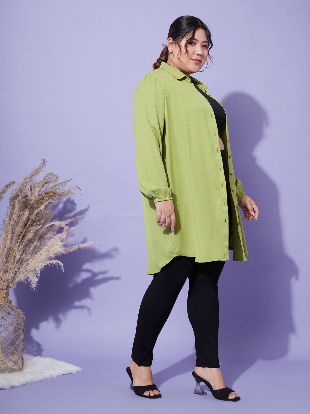 Women Green Longline Shirt-SASSAFRAS Curve