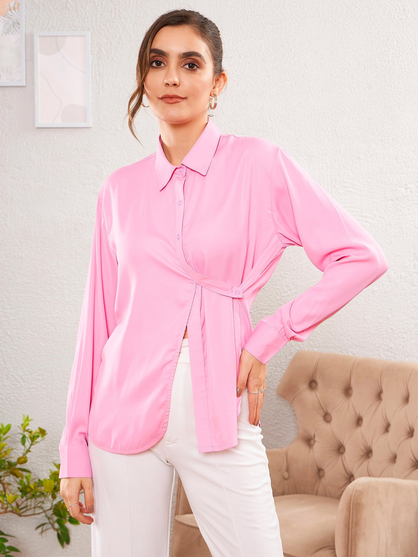Pink Satin Turn-Down Collar Blouse