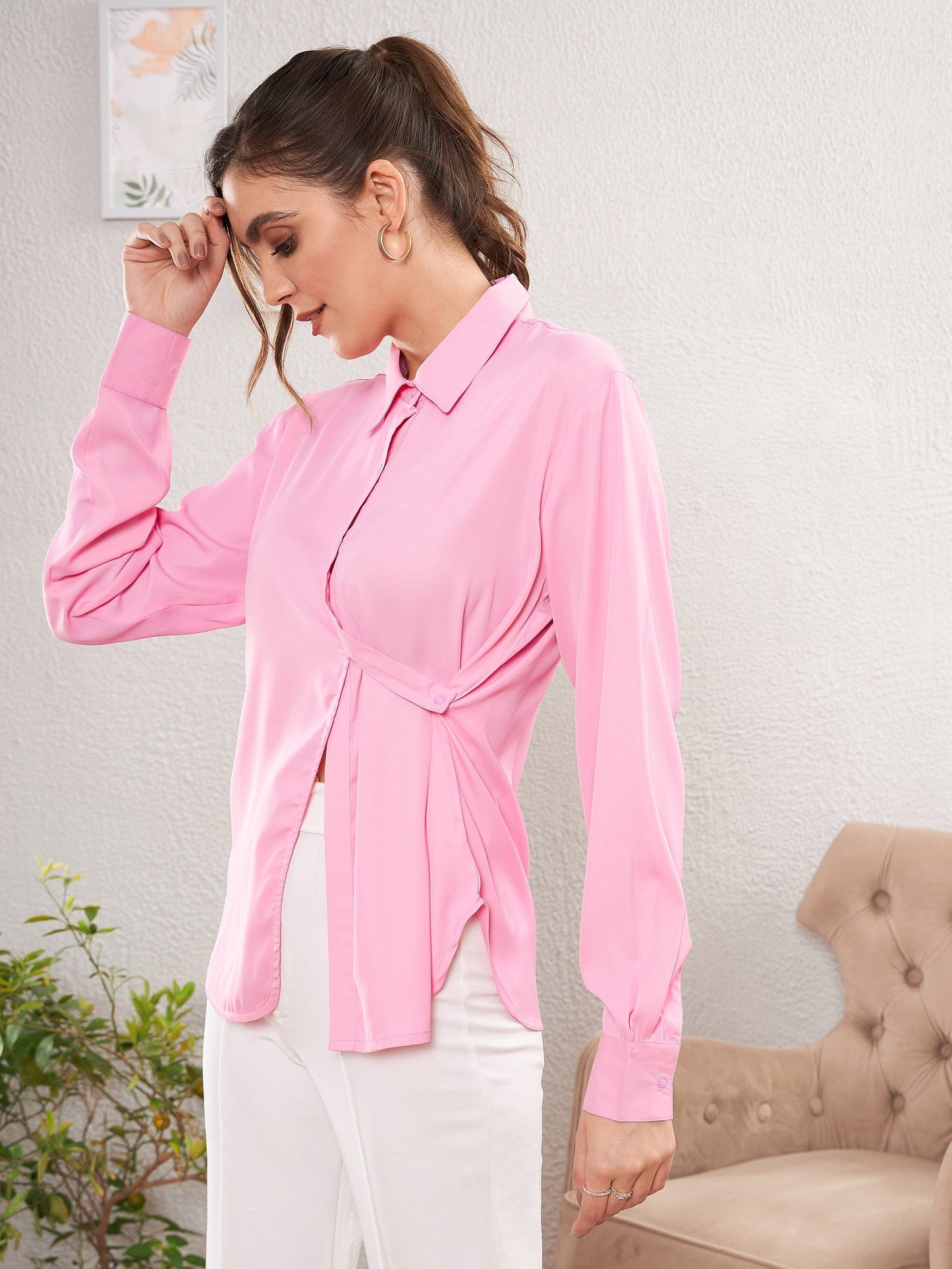 Pink Satin Turn-Down Collar Blouse