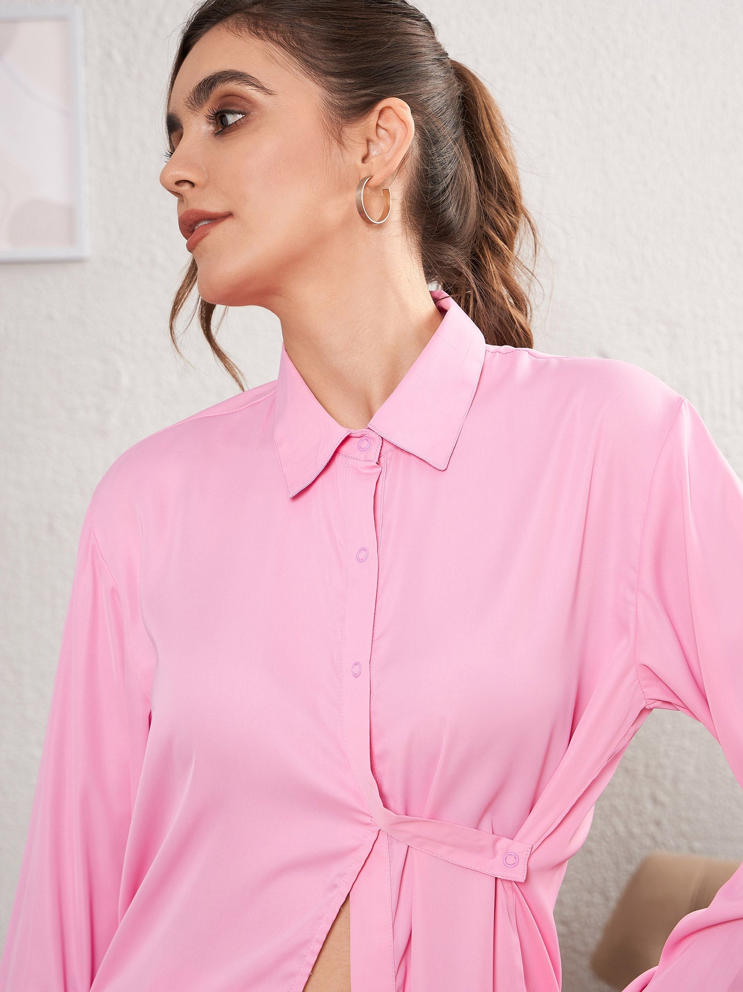 Pink Satin Turn-Down Collar Blouse