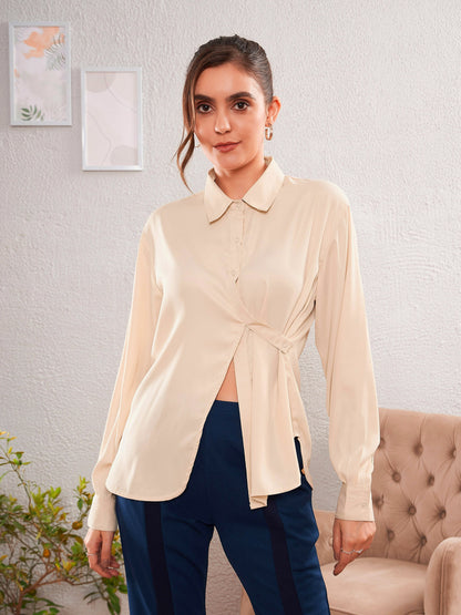 Beige Satin Turn-Down Collar Blouse