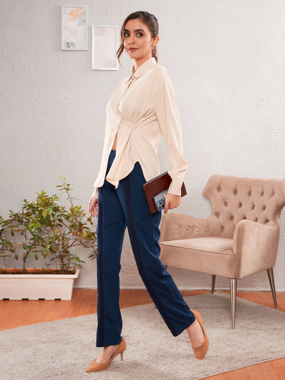 Beige Satin Turn-Down Collar Blouse