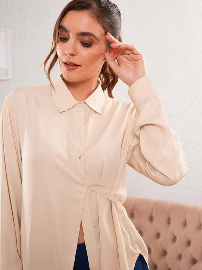 Beige Satin Turn-Down Collar Blouse