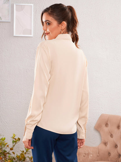 Beige Satin Turn-Down Collar Blouse