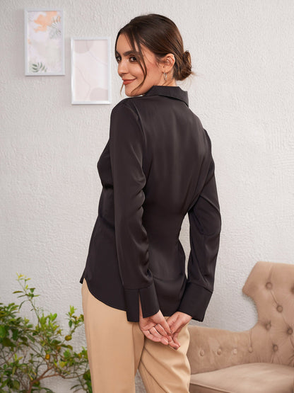 Black Satin Pleated Fold Slim Waist Shirt