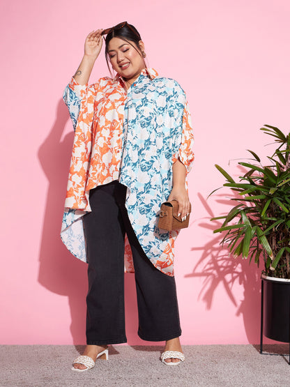 Orange & Blue Floral ColourBlock Oversized Shirt
