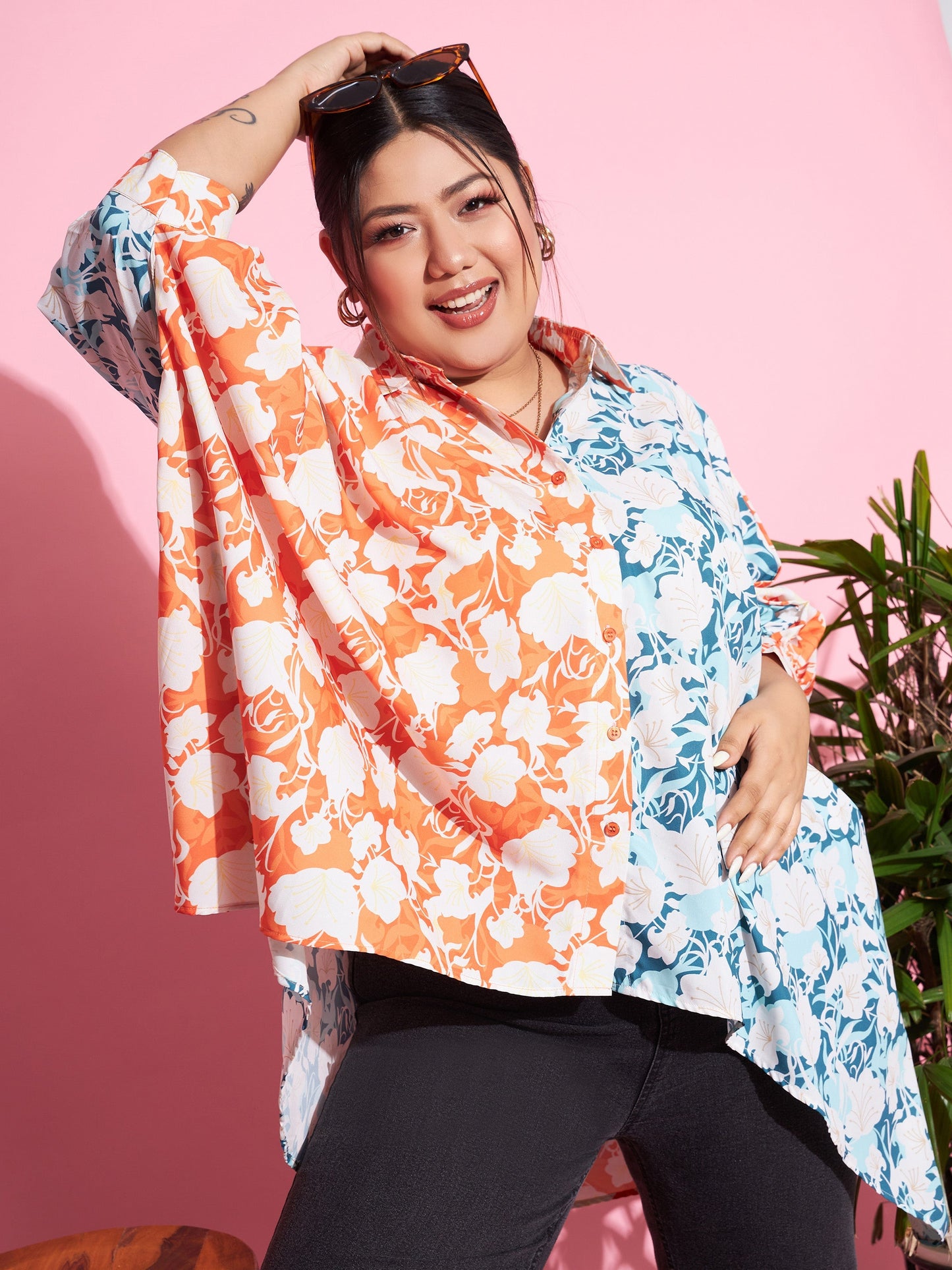 Orange & Blue Floral ColourBlock Oversized Shirt