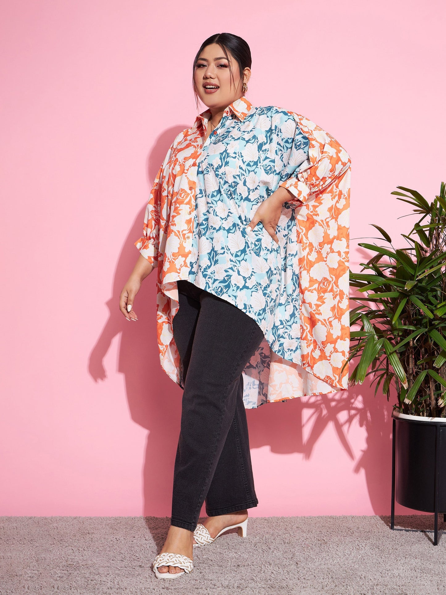 Orange & Blue Floral ColourBlock Oversized Shirt