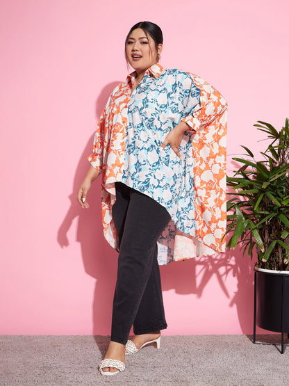 Orange & Blue Floral ColourBlock Oversized Shirt