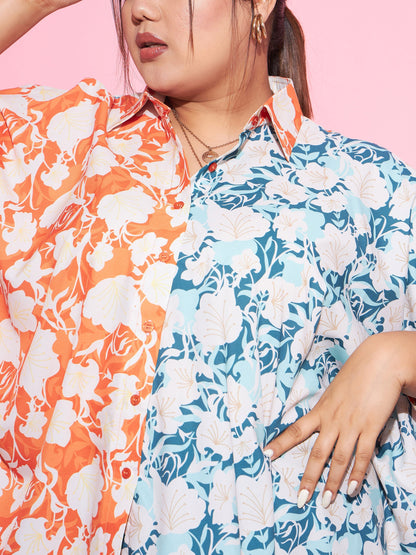 Orange & Blue Floral ColourBlock Oversized Shirt