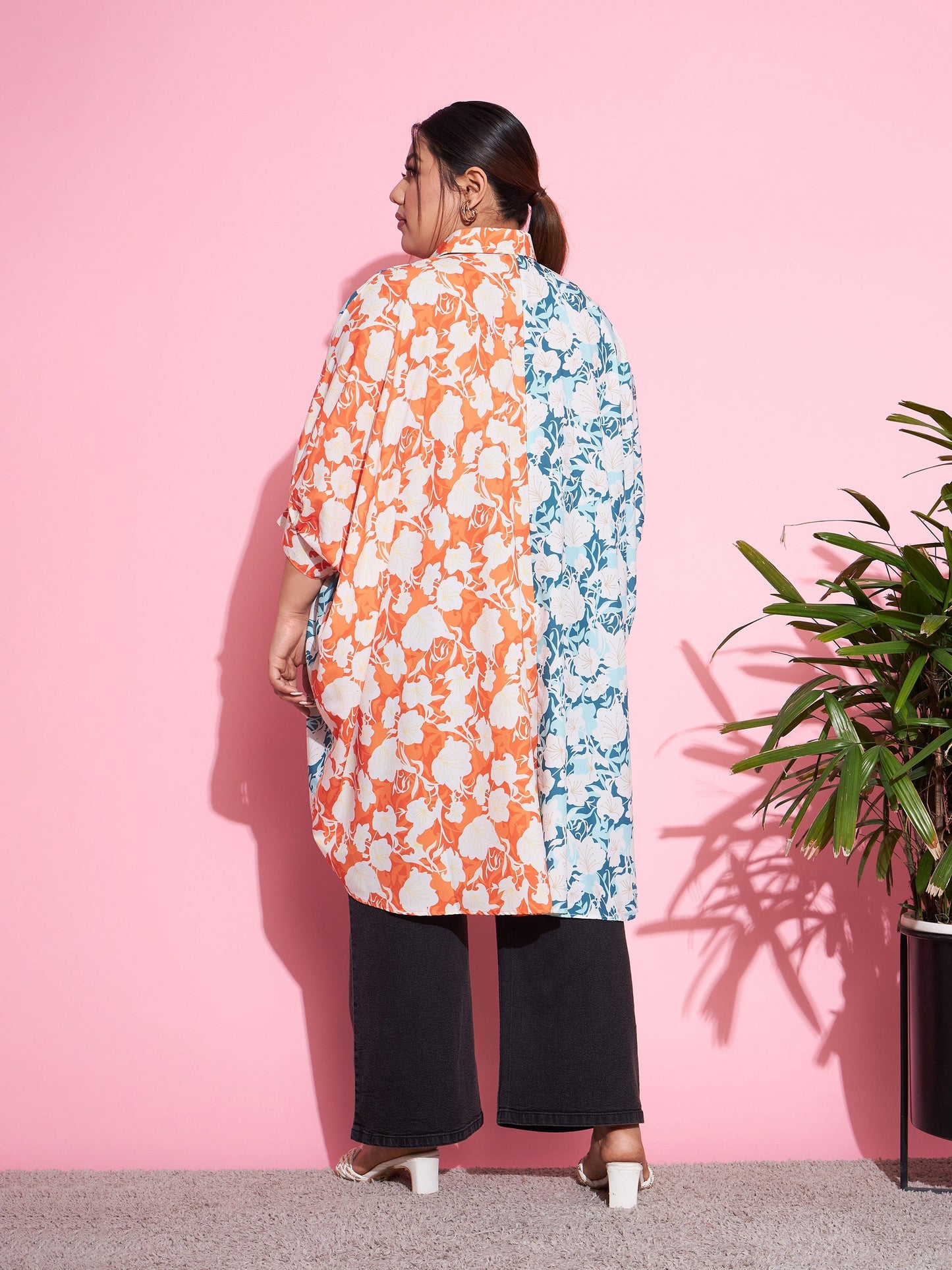 Orange & Blue Floral ColourBlock Oversized Shirt