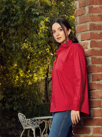 Women Red Poplin Oversized Shirt