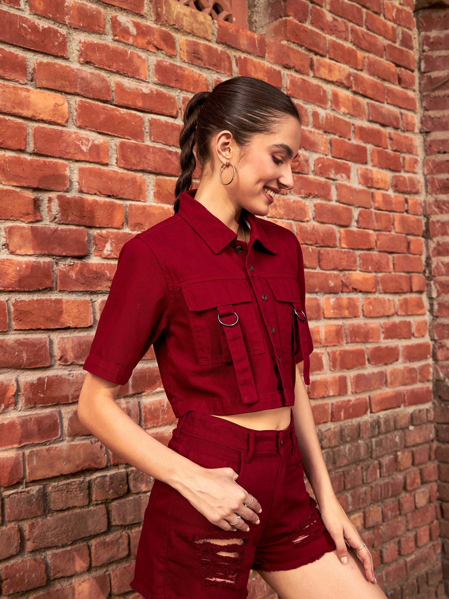 Maroon Denim Front Pocket Crop Shirt