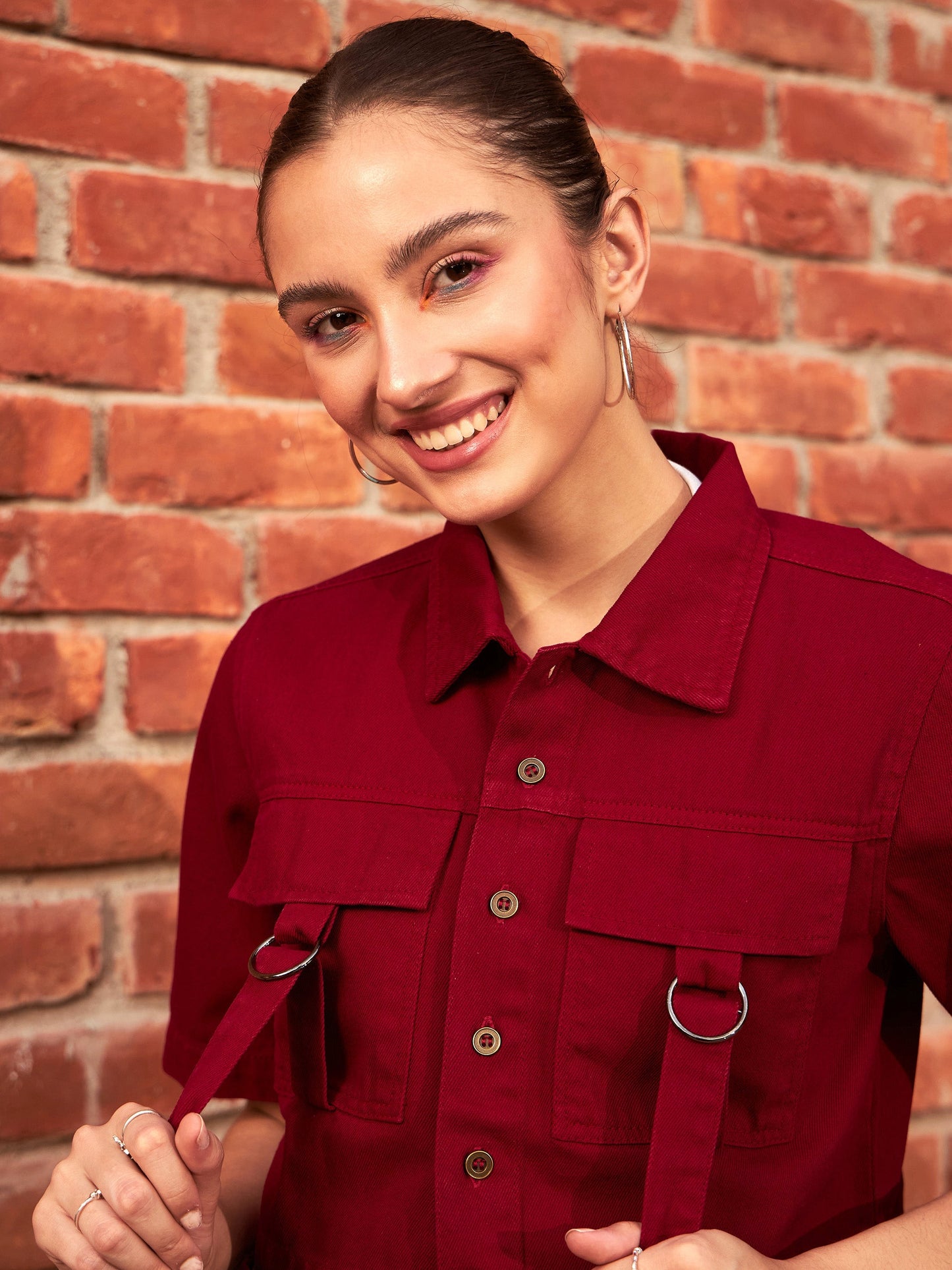 Maroon Denim Front Pocket Crop Shirt