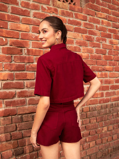Maroon Denim Front Pocket Crop Shirt