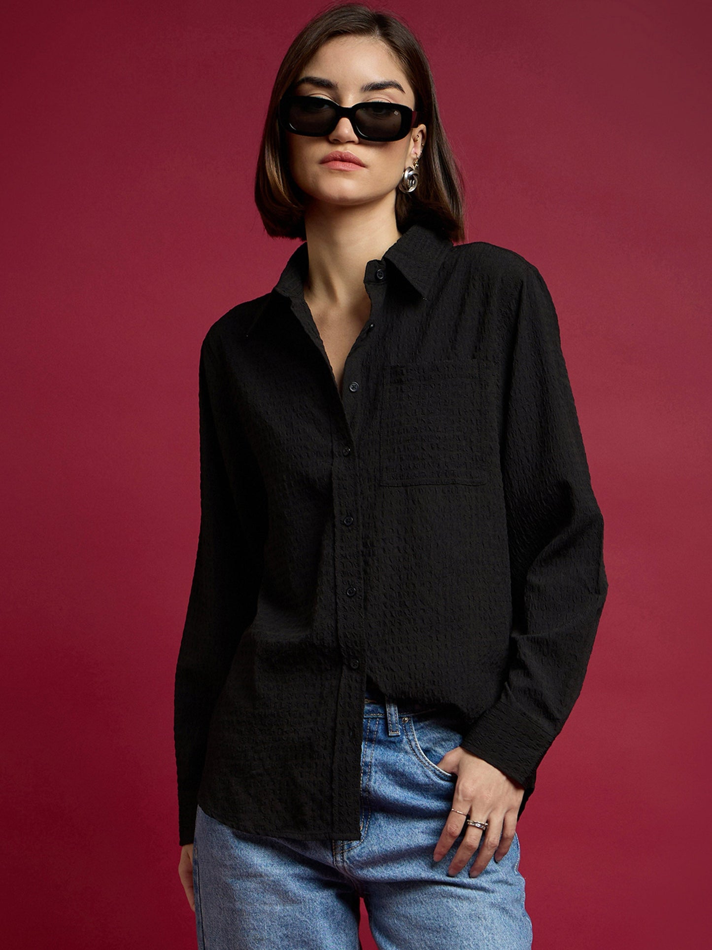 Women's Women Black Relaxed Fit Shirt in Polyester by Sassafras for wholesale, bulk, supplier, manufacturer and wholesaler buyers from Trendphoria