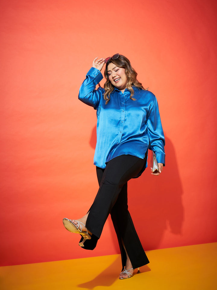 Royal Blue Regular Satin Shirt-SASSAFRAS Curve