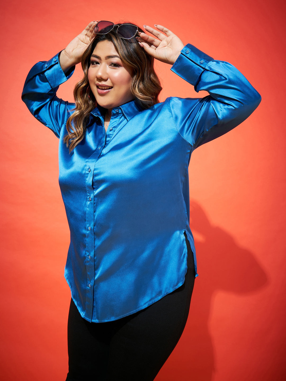 Royal Blue Regular Satin Shirt-SASSAFRAS Curve
