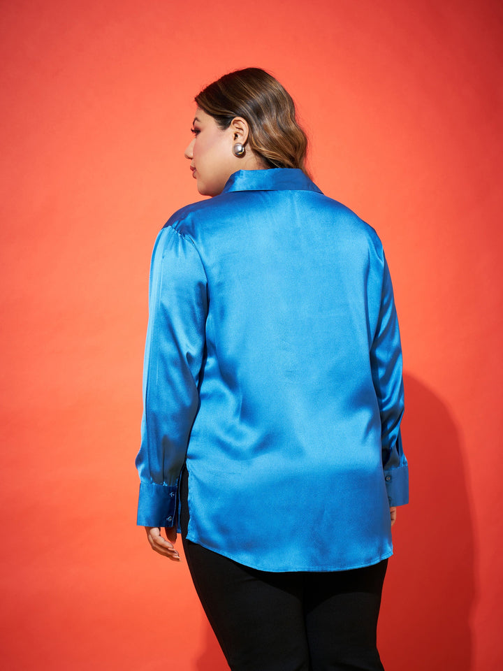 Royal Blue Regular Satin Shirt-SASSAFRAS Curve