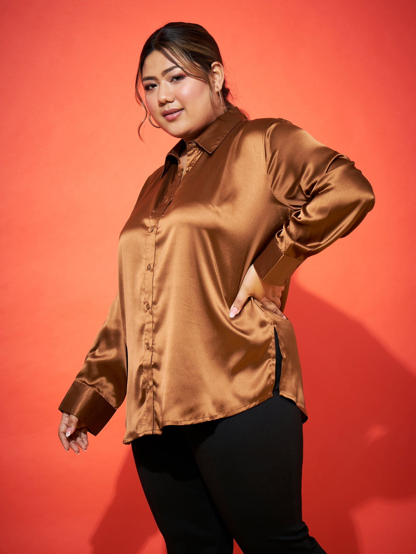 Brown Regular Satin Shirt