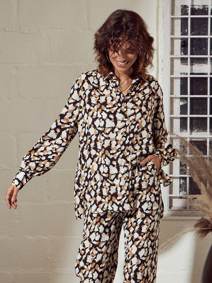 Beige Abstract Print Oversized Shirt
