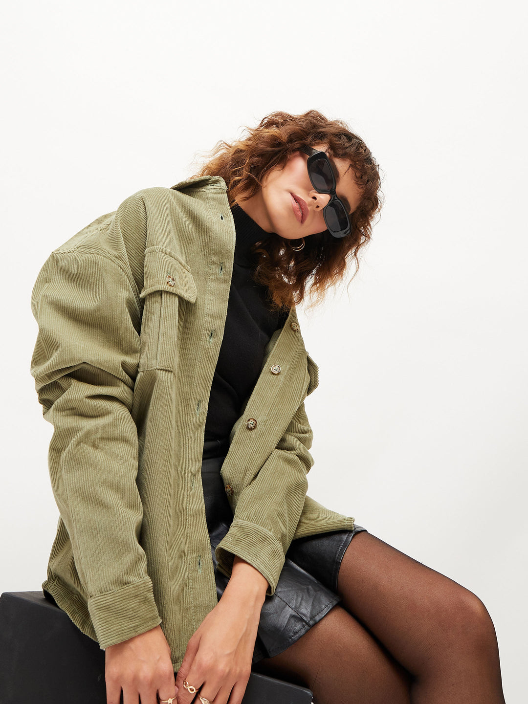 Women's Women Olive Corduroy Oversized Shirt in Cotton by Sassafras for wholesale, bulk, supplier, manufacturer and wholesaler buyers from Trendphoria