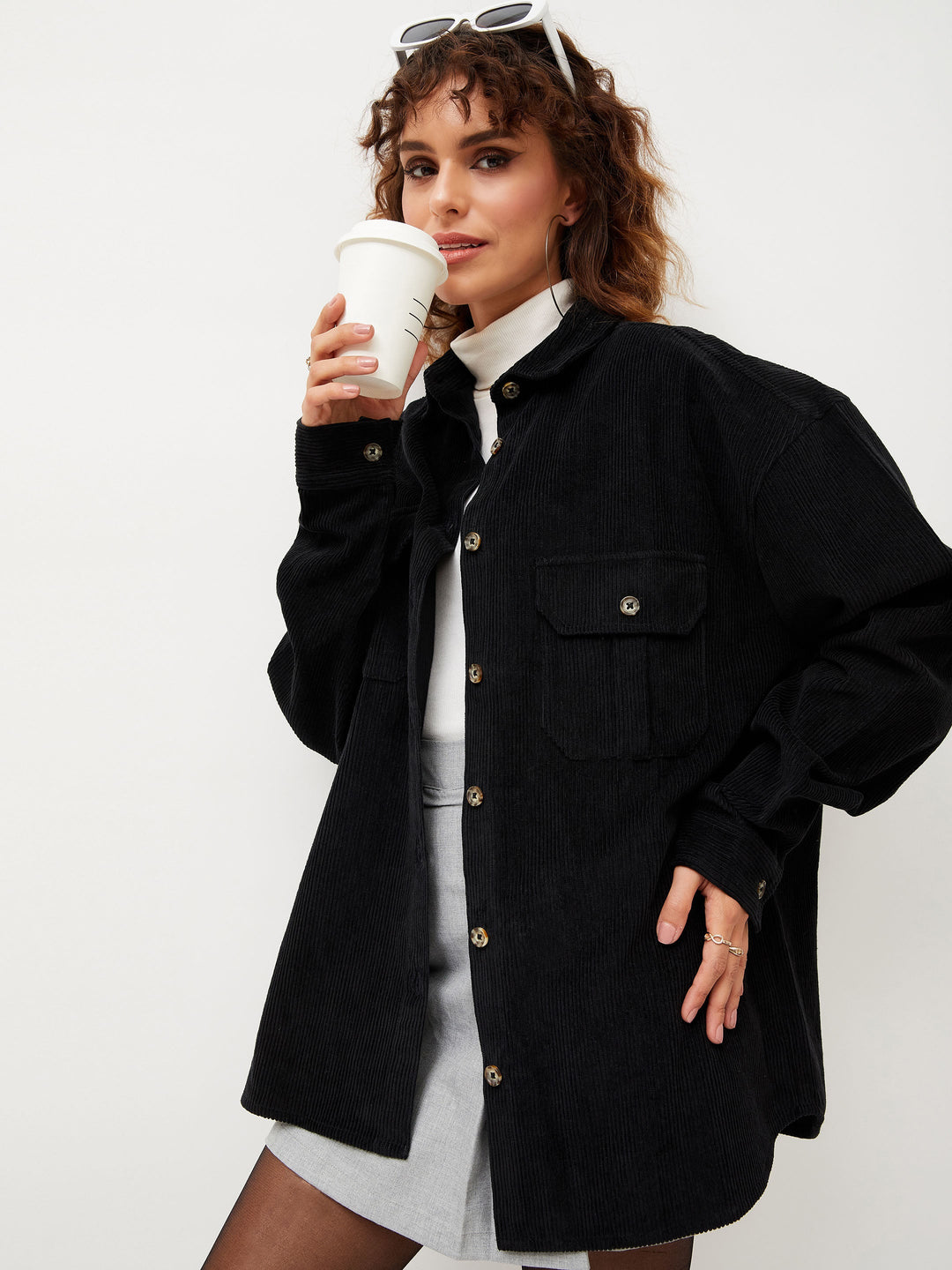Women's Women Black Corduroy Oversized Shirt in Cotton by Sassafras for wholesale, bulk, supplier, manufacturer and wholesaler buyers from Trendphoria