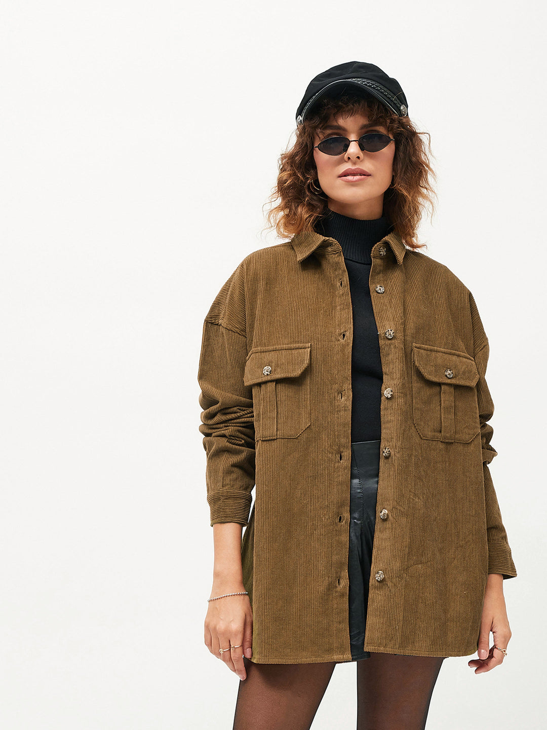 Women's Women Brown Corduroy Oversized Shirt in Cotton by Sassafras for wholesale, bulk, supplier, manufacturer and wholesaler buyers from Trendphoria