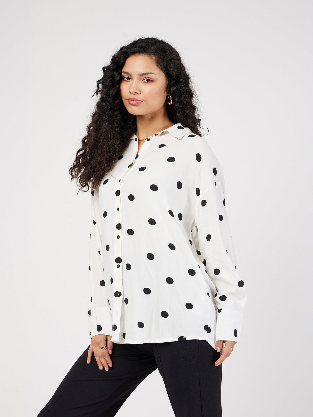 Women White &amp; Black Polka Dot Oversize Shirt